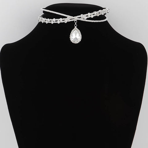 Crystal Teardrop Cross Choker Necklace: Silver Clear