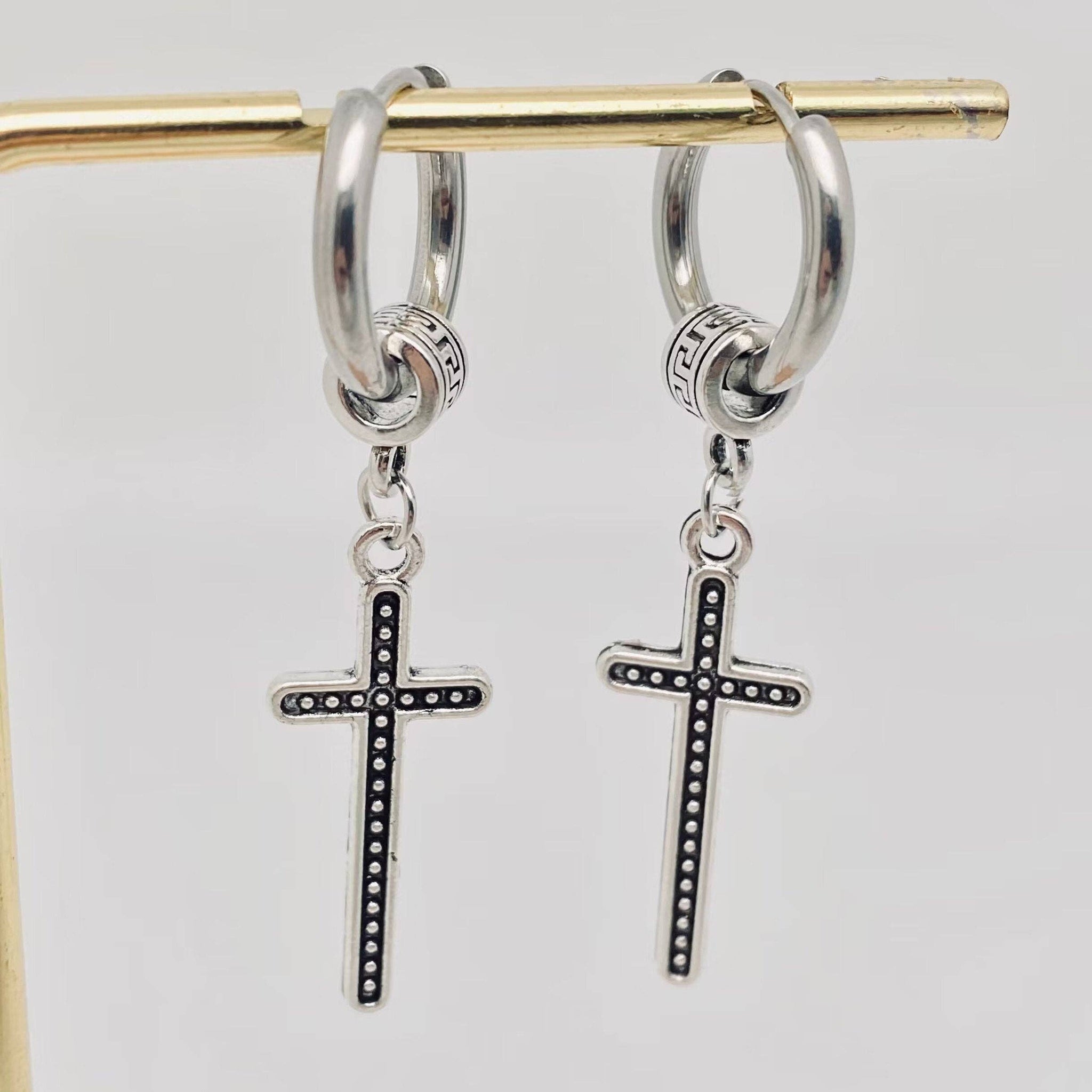 Vintage Cross Pendant Stainless Steel Hoop Earring