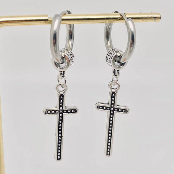 Vintage Cross Pendant Stainless Steel Hoop Earring