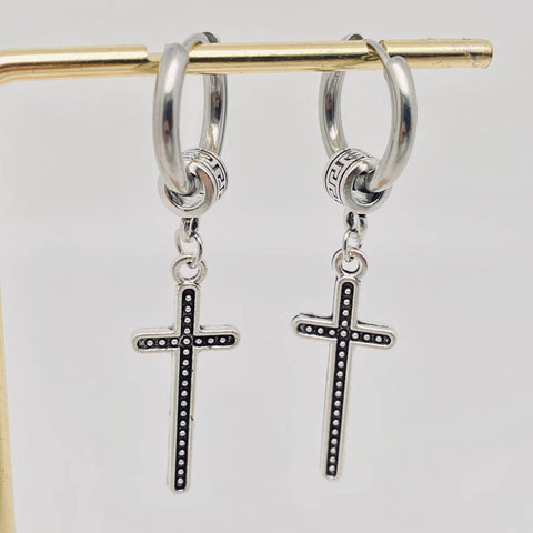 Vintage Cross Pendant Stainless Steel Hoop Earring