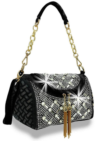 Rhinestone Design Top Flap Petite Handbag: Black