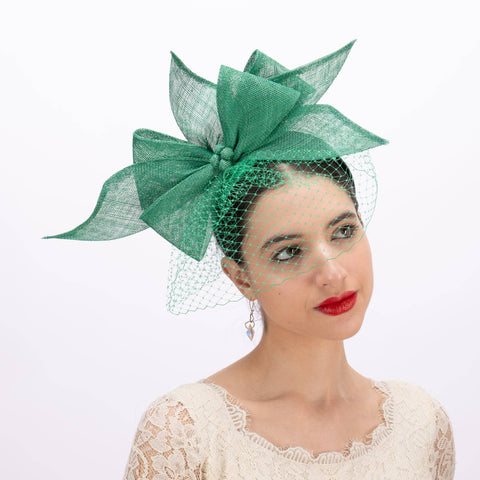 5936H Large Sinamay Bow And French Veil Fascinator On 3.5Cm: Emerald