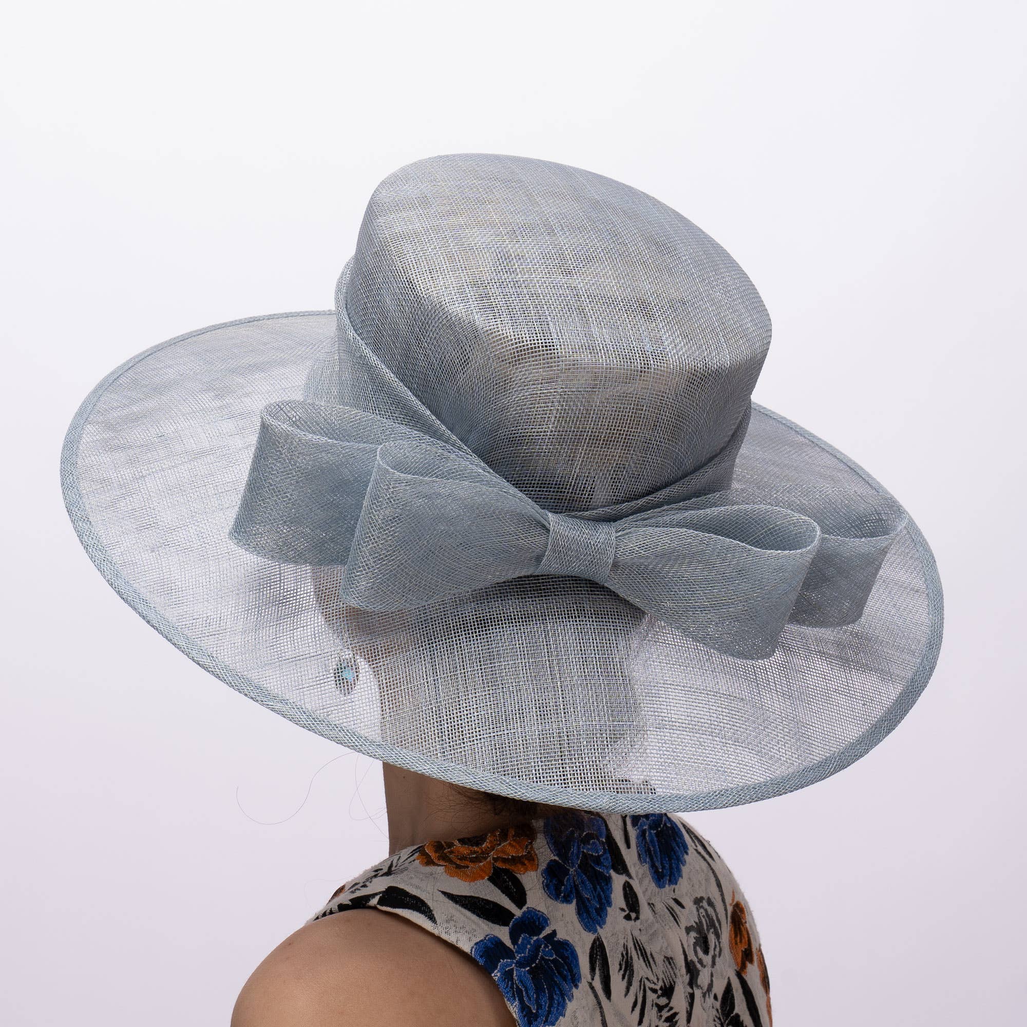 Classic Sinamay Downbrim Hat With Sinamay Ribbon bow in back: Silver Blue