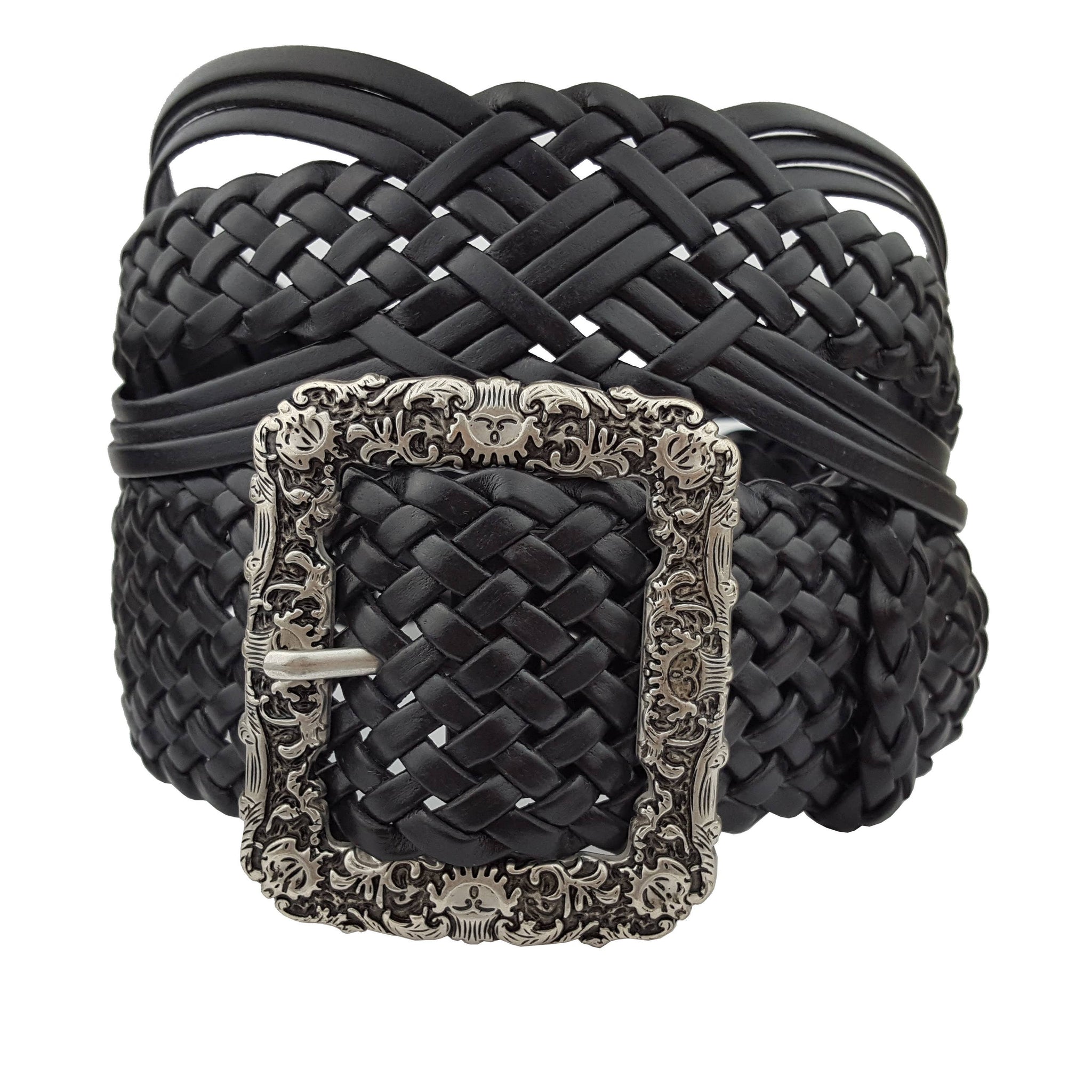 Hand Braided Leather Belt with Silver Floral Etched Buckle