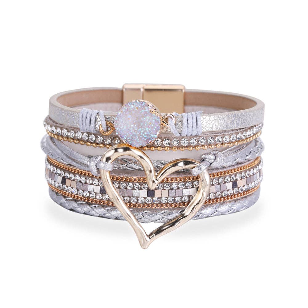 Multi-Layer Heart-Shaped Bangle Bracelets | Magnetic Buckle: Silver