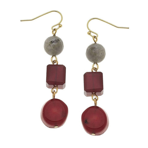 Gold Labradorite and Red Stone Earrings