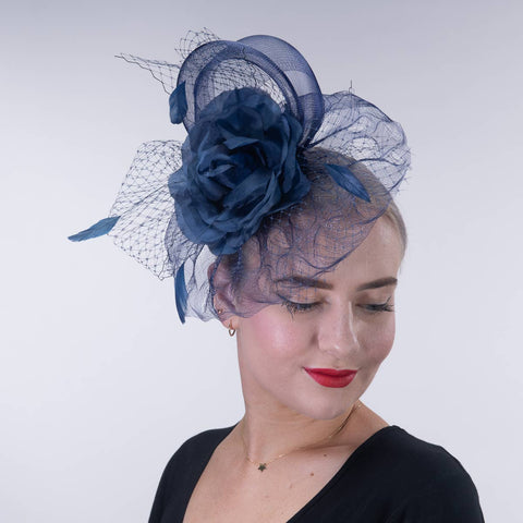 5830C Flower Adorned Crinoline Comb Fascinator Cocktail Hats: NAVY / Crinoline