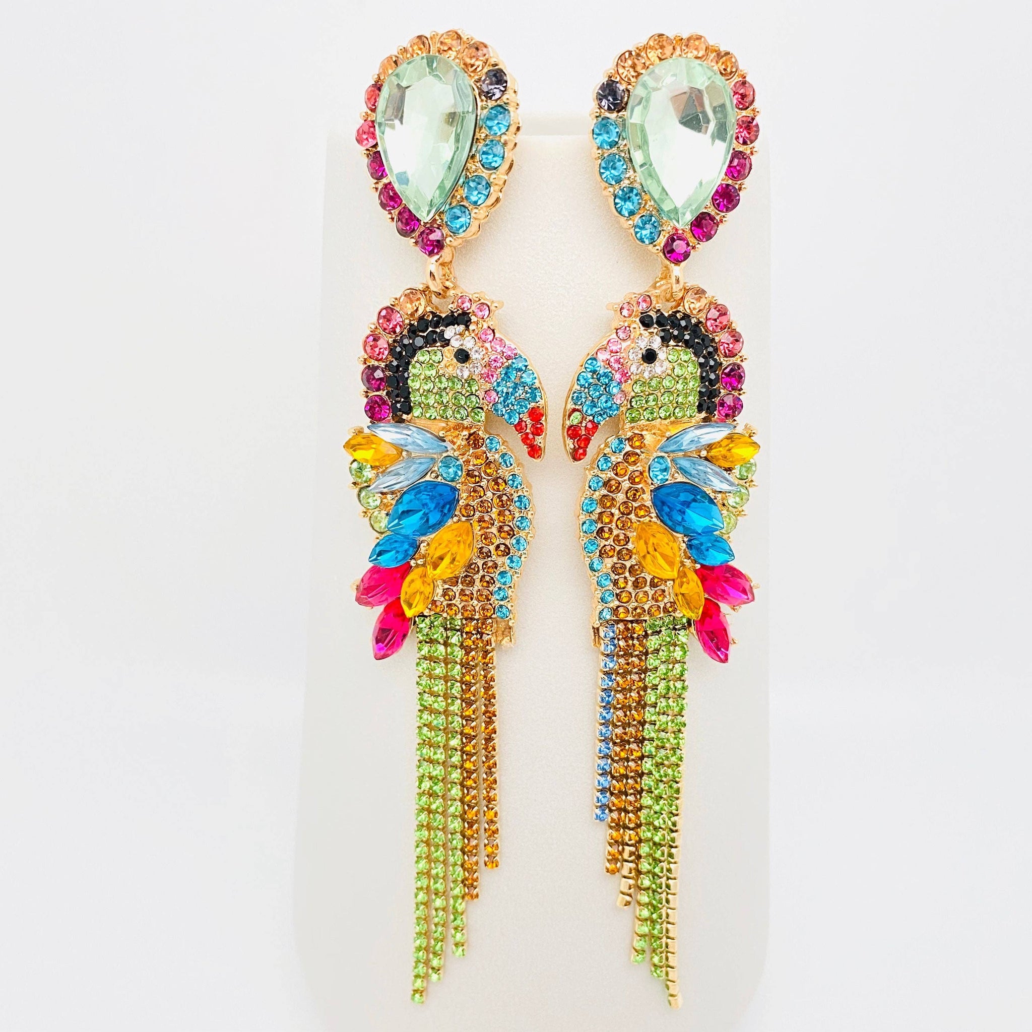 Parrot Rhinestone Tassel Earrings: Colourful
