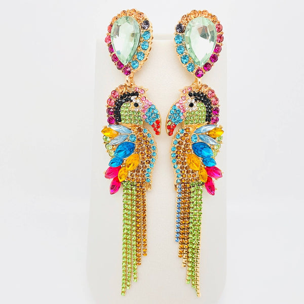 Parrot Rhinestone Tassel Earrings: Colourful