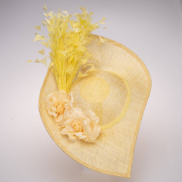 Sinamay Base With Flowers And Feathers Finishing On The Brim: Yellow