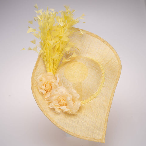 Sinamay Base With Flowers And Feathers Finishing On The Brim: Yellow