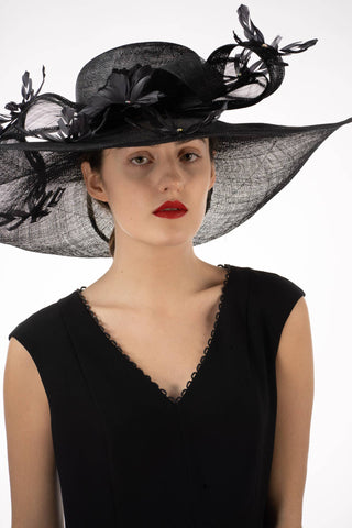 AJ599S Embellished Feather Twist Bow Wide Brim Sinamay: BLACK