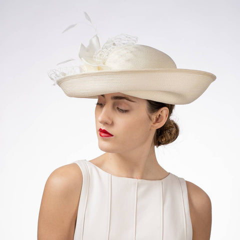 301902 Silk Flower Veil Poly Straw Church Hats: PP / IVORY