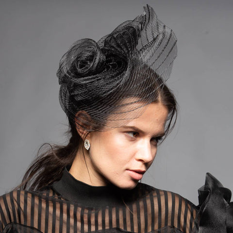 5833C Swirl Pleated Crinoline Comb Fascinator Cocktail Hats: BLACK / Crinoline / Fascinator