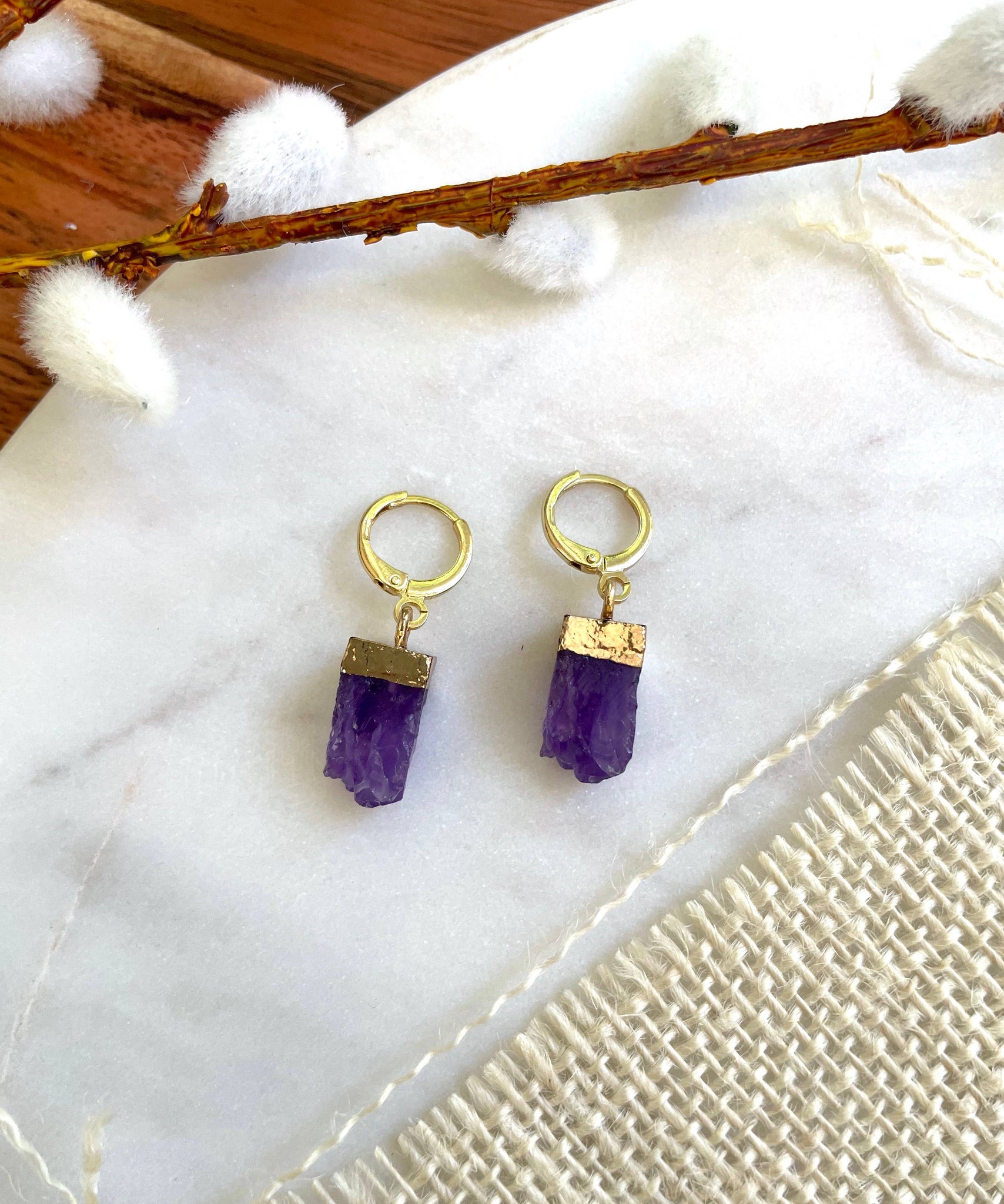 The Daemon Earring - Tiny Huggie with Amethyst Druzy Charm