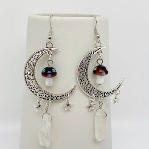 Hollow Moon Mushroom White Crystal Pendant Earrings: Earrings
