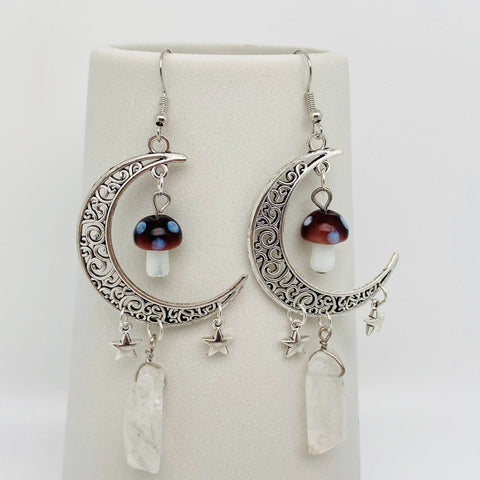 Hollow Moon Mushroom White Crystal Pendant Earrings: Earrings