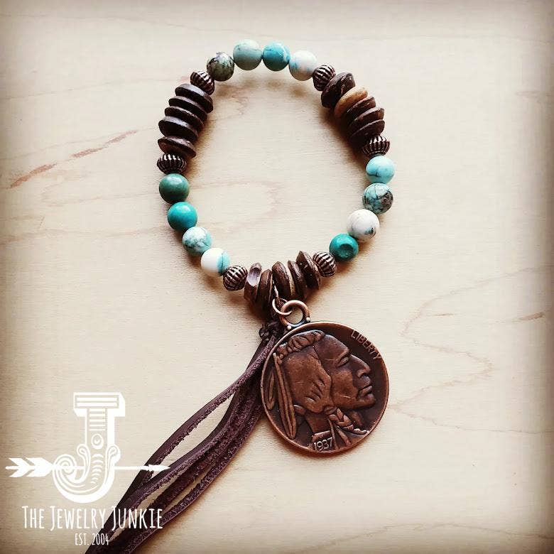 Natural Turquoise and Wood Bracelet w/ Indian Coin 805z