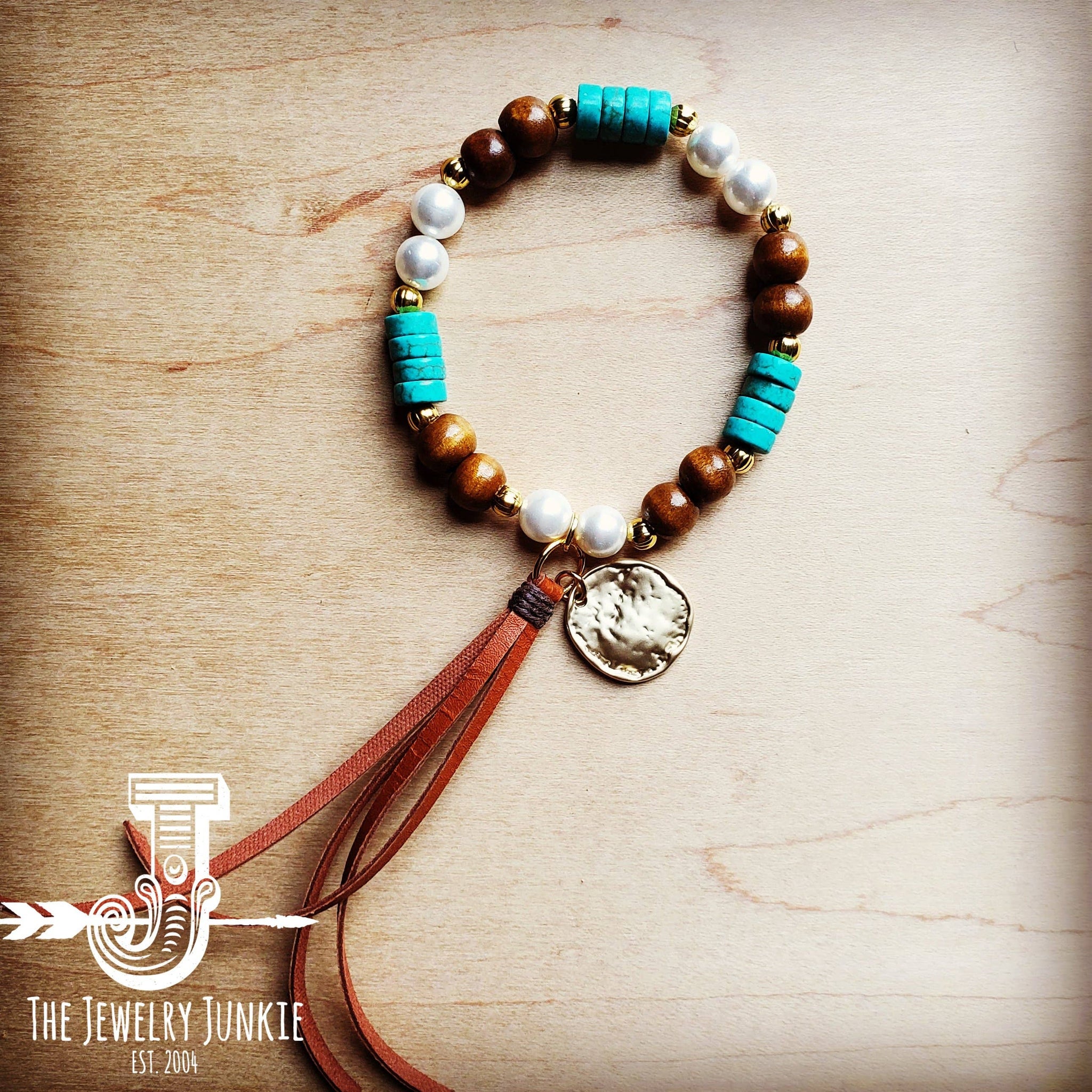 Freshwater Pearl, Wood, Turquoise Bracelet w/ Coin and Tassel 806b