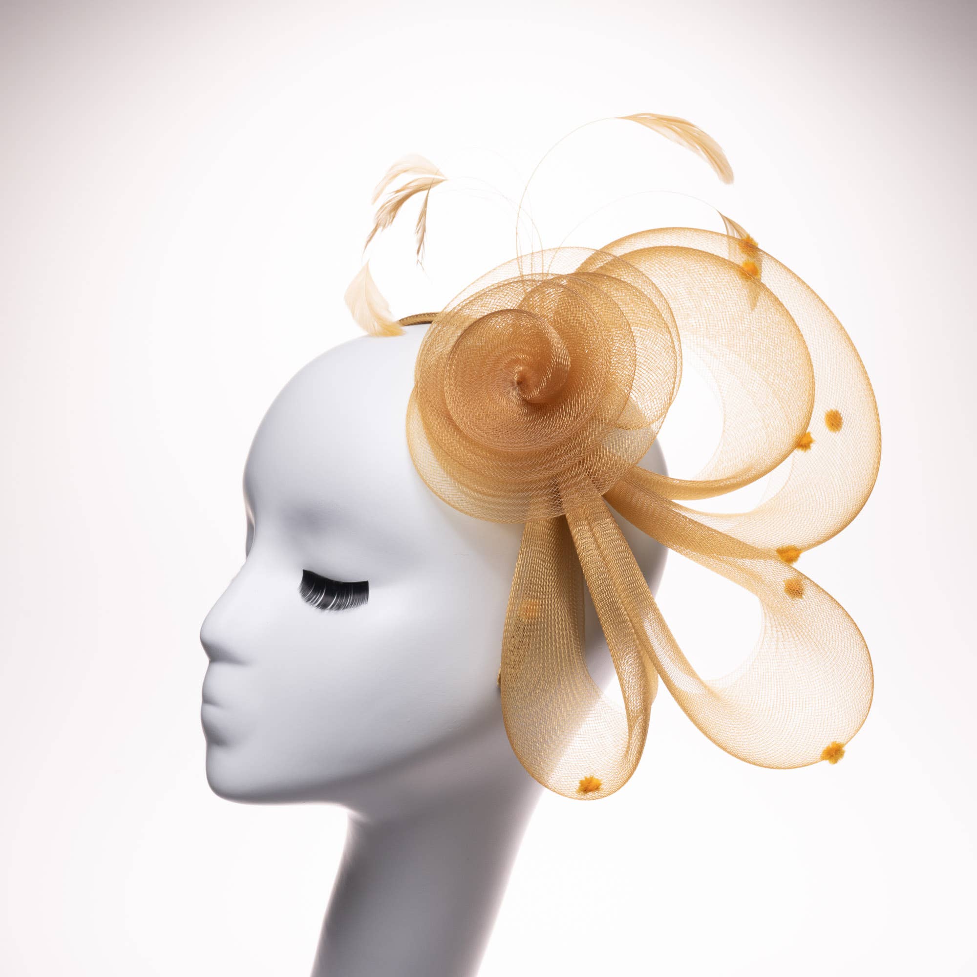 Crinoline Flower Bow Feather Headband Fascinator Cocktail: Gold
