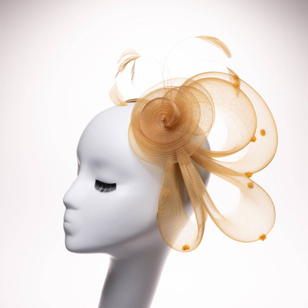 Crinoline Flower Bow Feather Headband Fascinator Cocktail: Gold