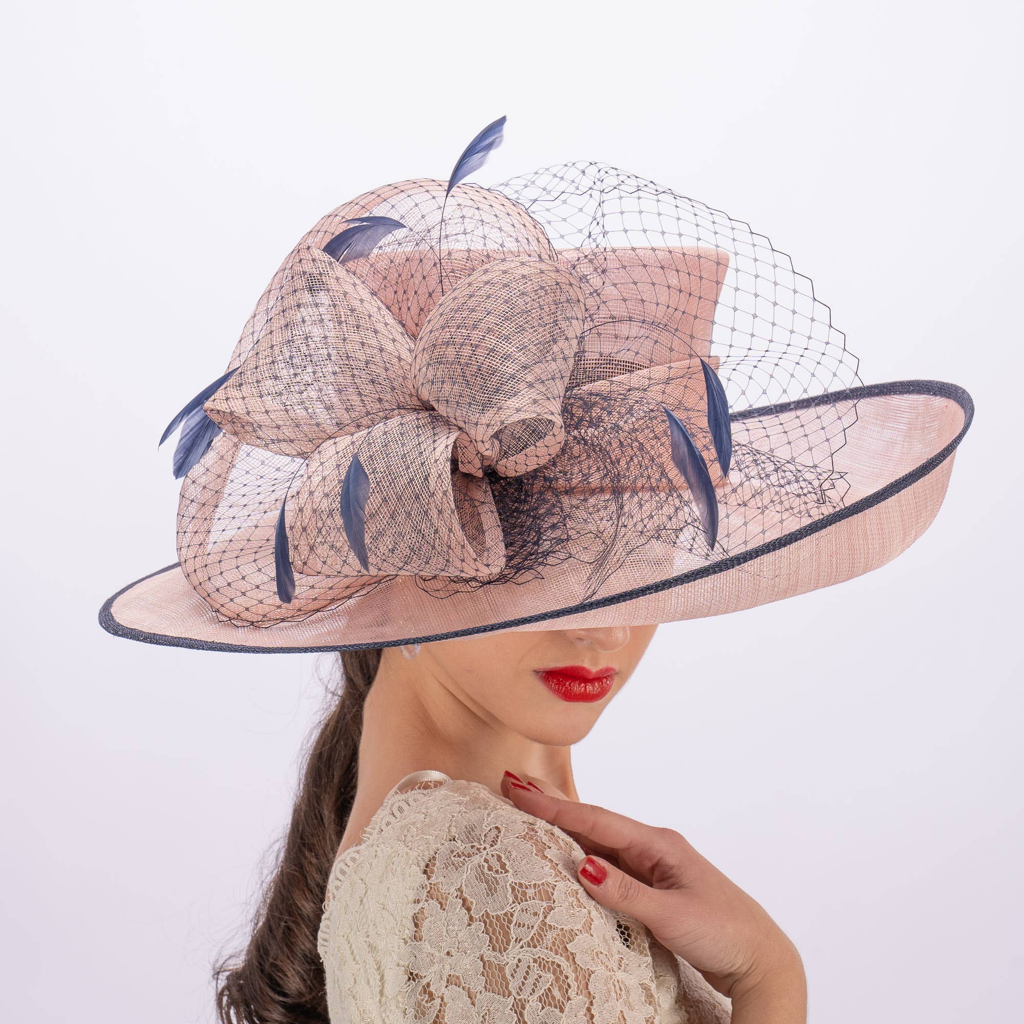 Large Two Tone Veil Sinamay Hat`: Lt. Pink+Navy