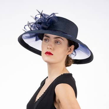 301886 Ribbon Bow Crinoline Brim Poly Straw Hats: PP / NAVY