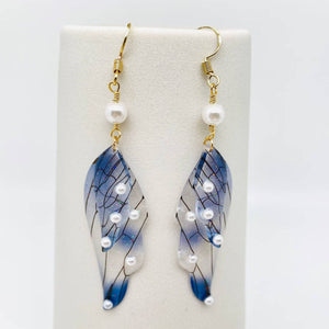 Colorful Double Butterfly Wings Dangle Earrings: Pearl-Light Blue