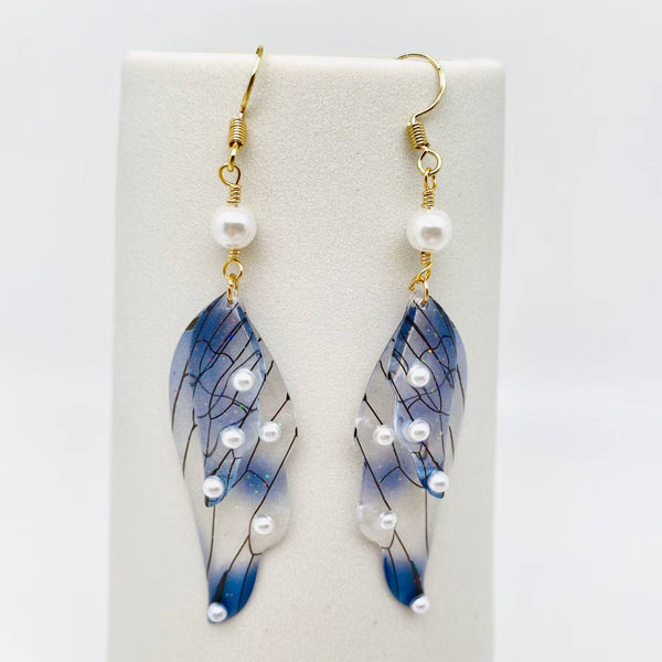 Colorful Double Butterfly Wings Dangle Earrings: Pearl-Light Blue
