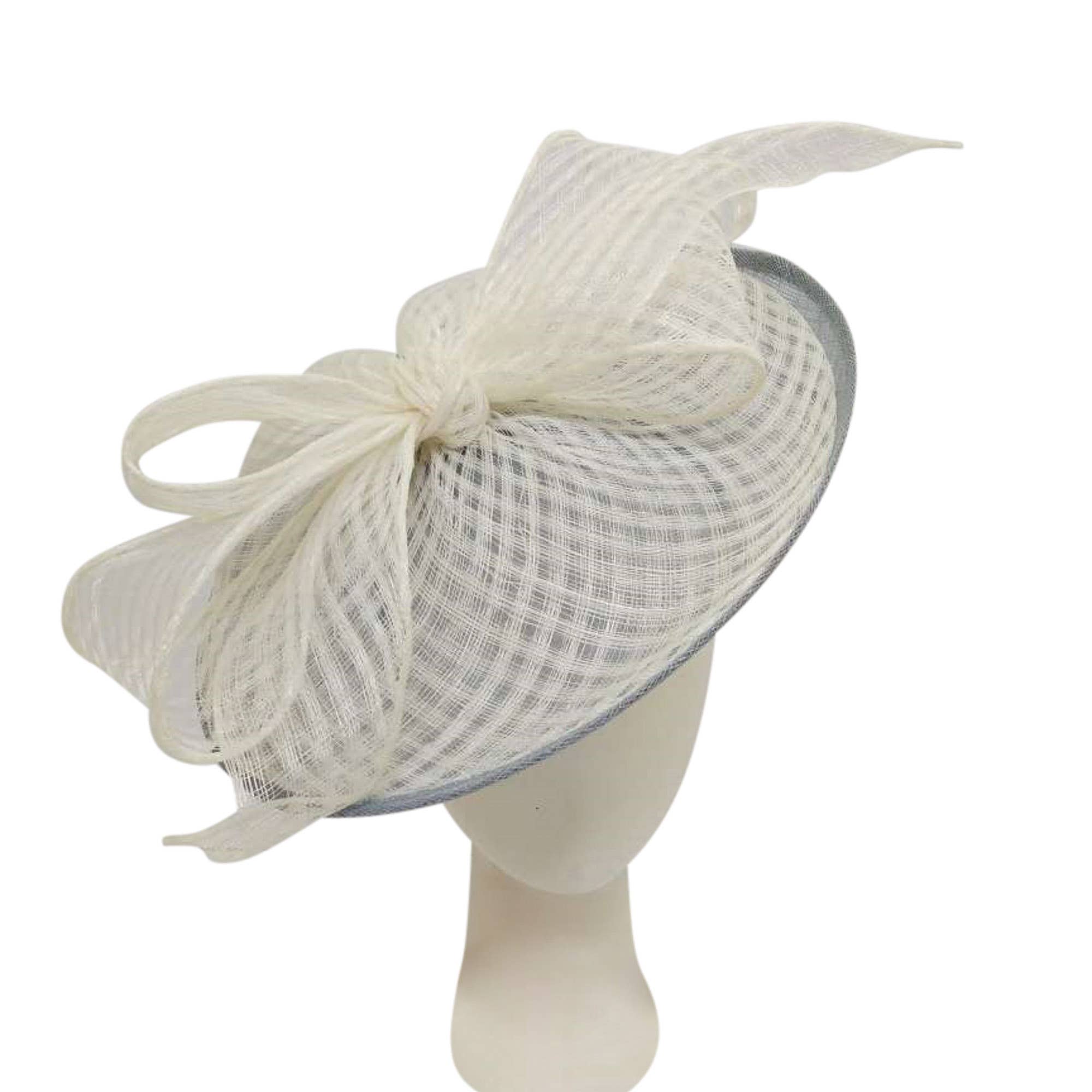 Sinamay Fascinator Base With Large Check Design Sinamay Bow: Denim+Ivory