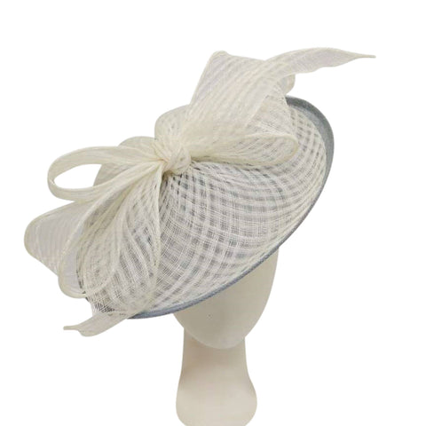 Sinamay Fascinator Base With Large Check Design Sinamay Bow: Denim+Ivory
