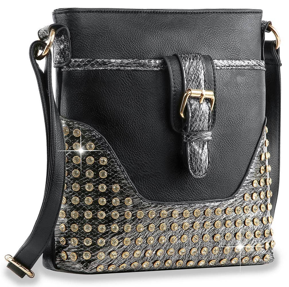 Decorative Rhinestone Crossbody Sling: Black